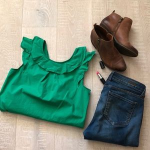 J. Crew green ruffle sleeve top
